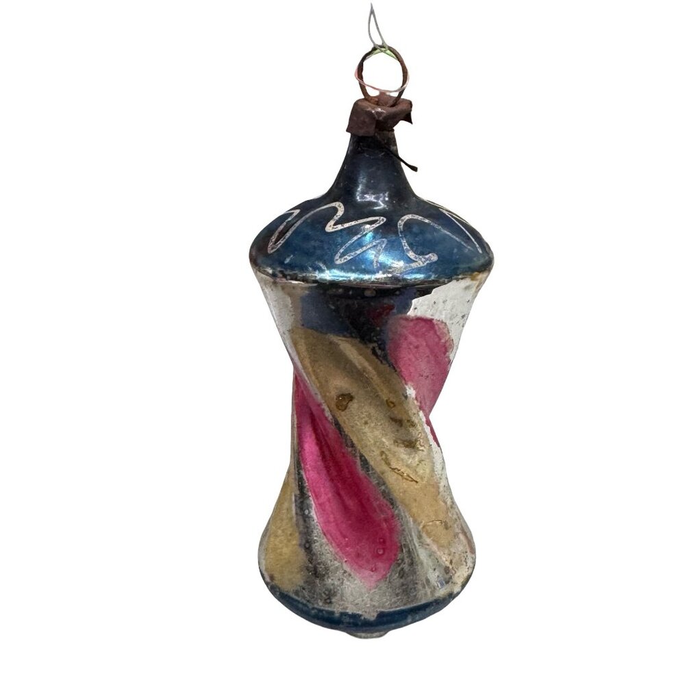 Vintage Germany Mercury Twisted Glass Christmas Ornament  Blue Pink Gold Swirl